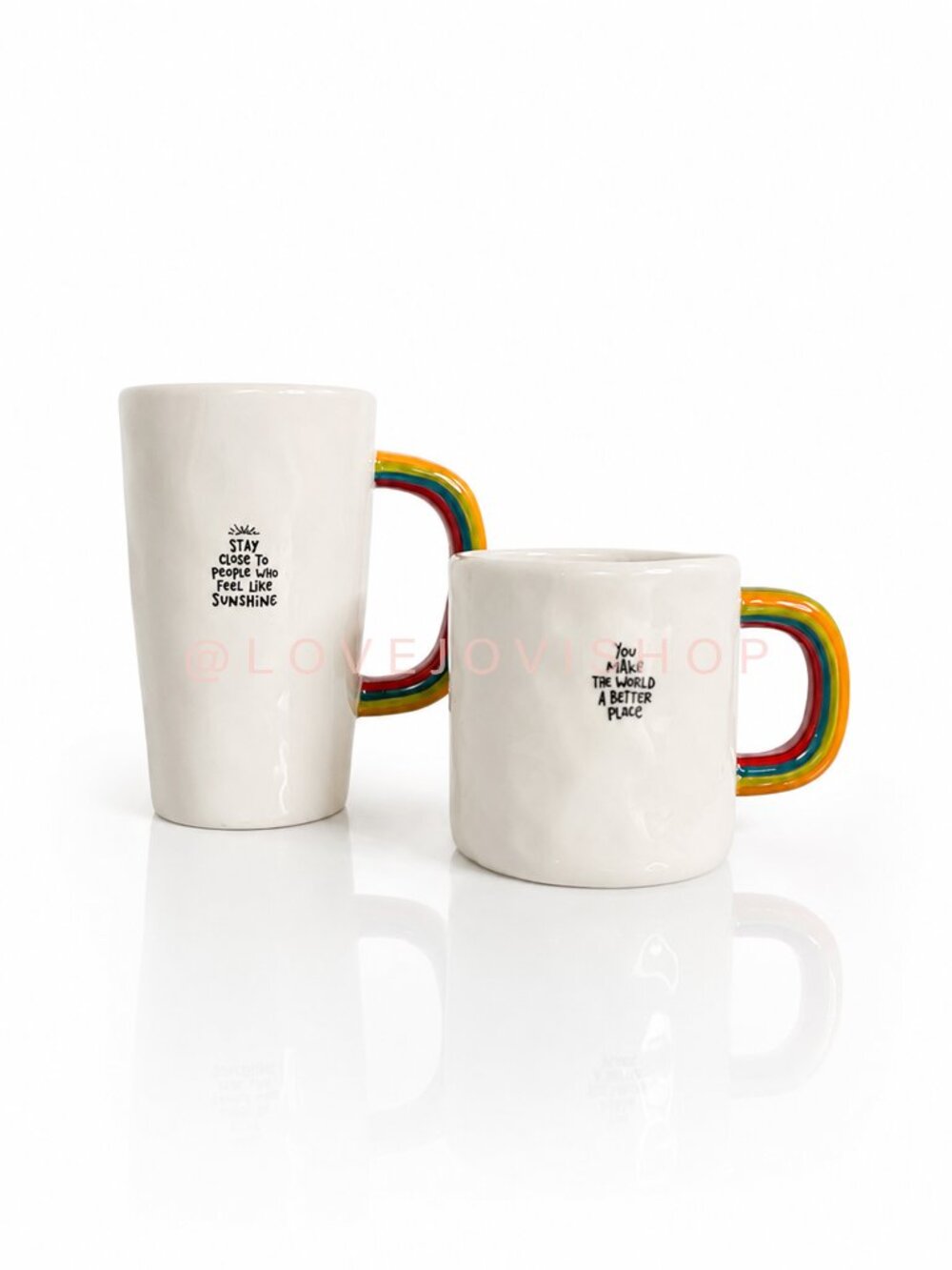 Artisan | Natural Life Rainbow Handle Oversized Happy Quote Mugs Pair | Set of 2
